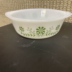 vintage Glasbake white milk glass casserole dish featuring a green daisy or "Crazy Daisy" pattern.  Manufacturer: Glasbake Material: Milk Glass Patter