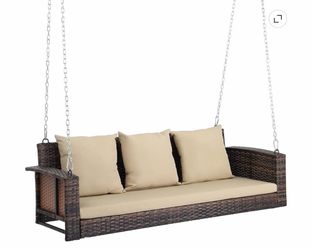 VINGLI 5 ft Rattan Outdoor Porch Swing, Heavy Duty 800 Ibs Wicker Hanging Swing with Cushions for Porch, Yard, Balcony, Tree, Brown