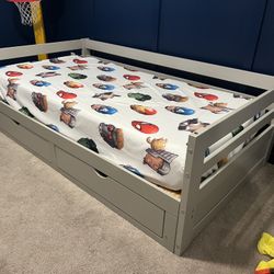Kids Bed Great Condition! Twin Bed That Converts To A Queen. The Bed Also Has Two Storage Drawers.  