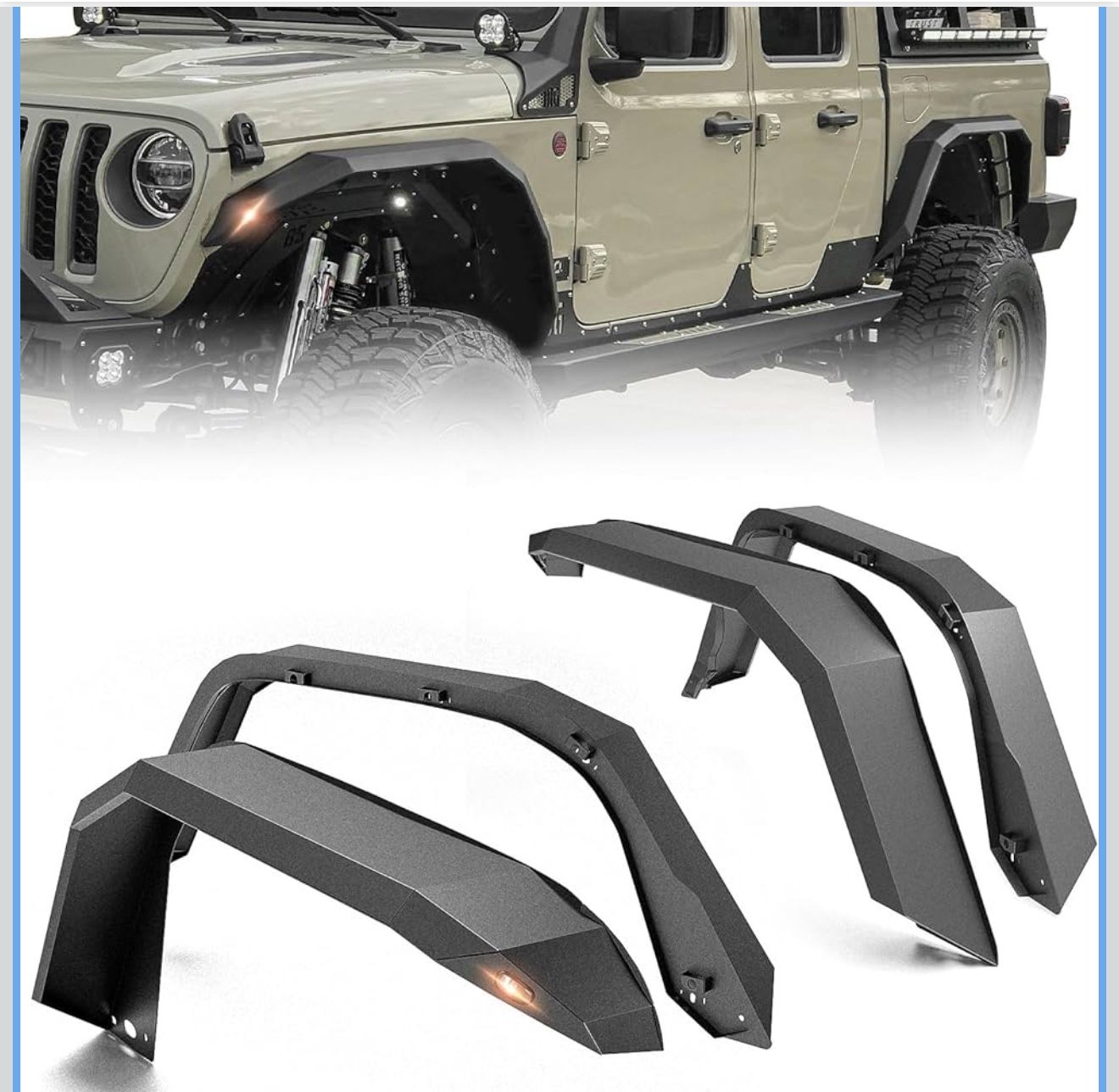 Flat Front & Rear Fender Flares Compatible with 2020 2021 2022 2023 2024 2025 Jeep Gladiator JT, with Turn Signal Lights, Heavy Duty Steel Mud Guard C