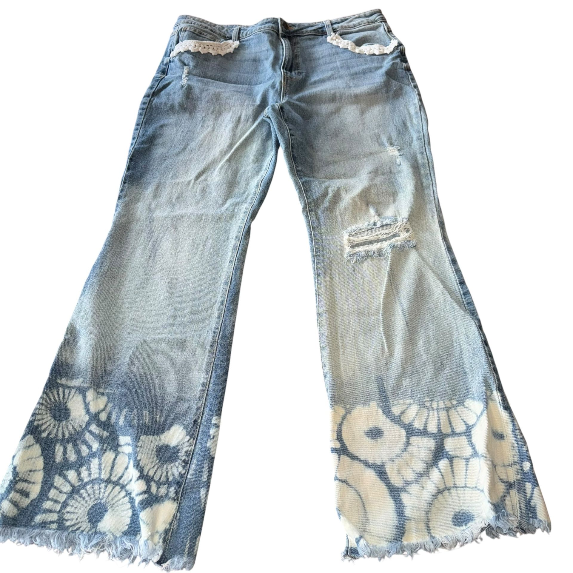 Reworked/Upcycled Denim Jeans Bootcut Bleached Distressed Juniors Size 17 These reworked/upcycled denim jeans are a stylish and eco-friendly choice
