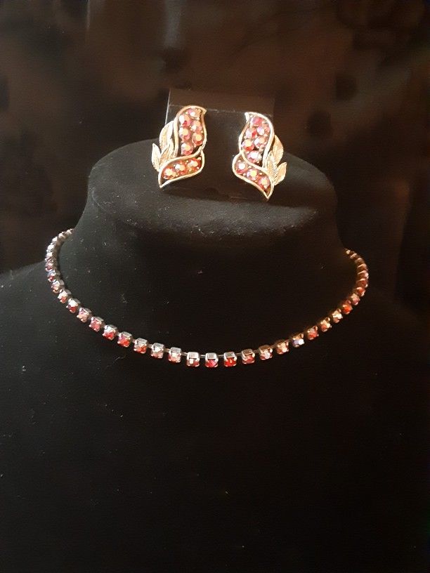 Vintage AB RED CRYSTAL CHOKER & EARRINGS Silvertone