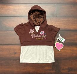 Little Girls Clothes New With Tag Brown Hooded Cropped Top Hoodie Layered Over A Cream Tank Top Size 6T/6X