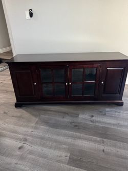 Dark Cherry Wood TV Stand with Glass Doors