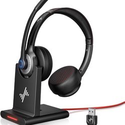 Wireless Headset with AI Noise Cancelling Microphone Bluetooth Headset - Bluetooth V5.2 Headphones with USB Dongle, Charging Base & Mic Mute for Compu