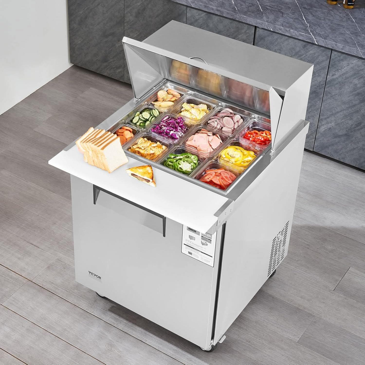 Commercial Sandwich & Salad Prep Table Frost Free Refrigerator with Lock for Restaurant, Silver