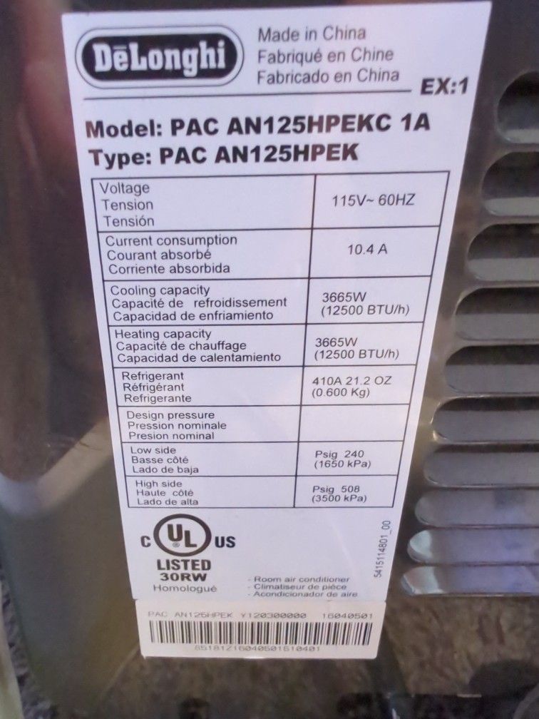 DeLonghi Portable Air Conditioner 12,500 BTU 550 SQ FT for Sale in