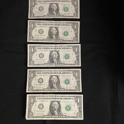 (5) $1 Bills Printed Off Center And (5) $1 Star Notes