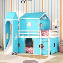 New Full Size Loft Bed with Slide & Curtains and Tower, Solid Wood Castle Low Loft Bed Frame with Tent [NEW] **Assembly Req** 