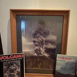 Framed picture of Mt. Saint Helens and 2  1980 magazines