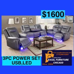 💥FREE DELIVERY💥Brand New POWER, LED, USB  3PC Reclining Sofa Loveseat Chair Set 