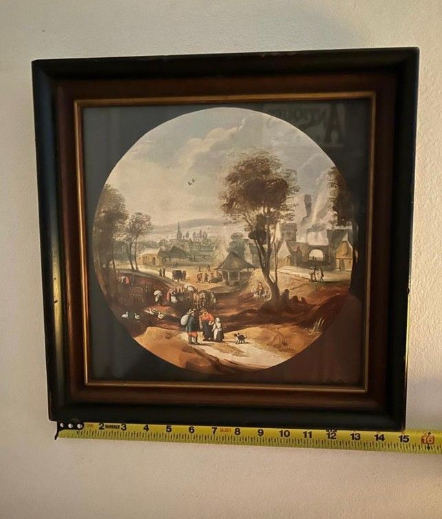 CUADRO ANTIGUO DE MADERA Y PORCELANA