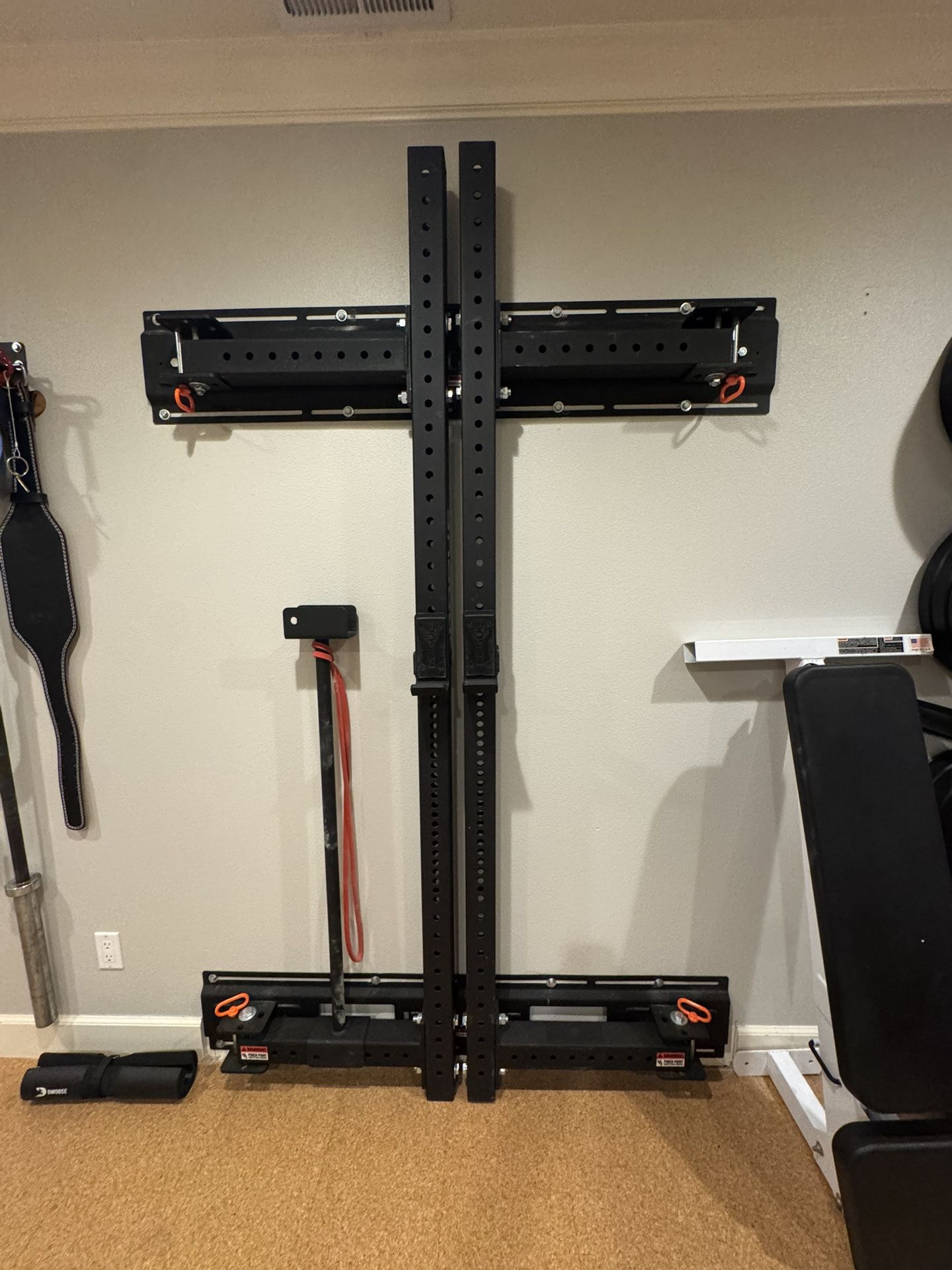 Rogue RML-3W Fold Back Wall Mount Squat Rack And Weights