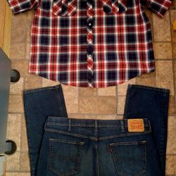 MEN'S XXL WESTERN STYLE SHIRT WITH EASY SNAP BUTTONS/LEVI'S 44W X 34L