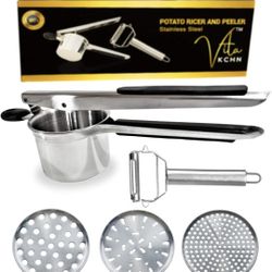 Stainless Steel Potato Ricer Kitchen Tool with Bonus Ultra Sharp Vegetable Julienne & Peeler
