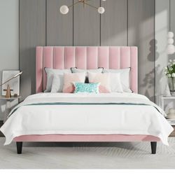 Full Bed Frame/Velvet Upholstered Platform Bed Frame with Headboard/Strong Wood Slats Support/Mattress Foundation/No  Size Full Material Metal