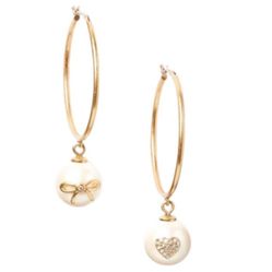 Kate Spade New York crystal pave heart bow pearl charm dangle hoop earrings