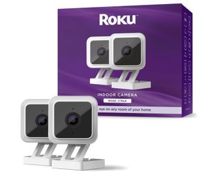 Roku Indoor Camera for Home Security, 2-Pack - Wired Security Camera with 1080p HD Color Night Vision, Works with Alexa & Google, Motion & Sound Detec