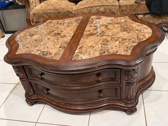Traditional Wood Coffee Table with Marble Top