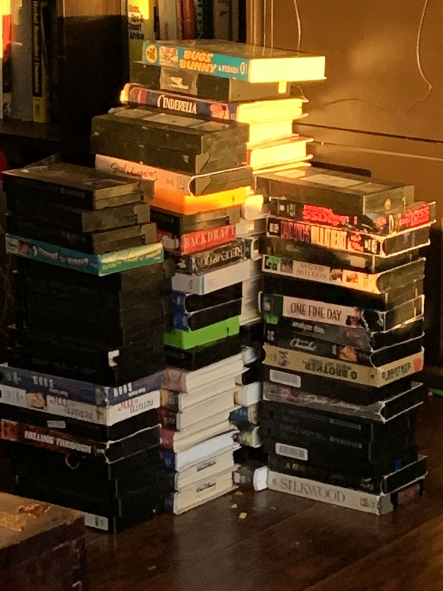 73 vhs movies and one vcr cleaning tape.