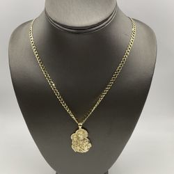 14KT YELLOW GOLD CURB LINK CHAIN 28” W/ 14KT YELLOW GOLD RELIGIOUS CHARM