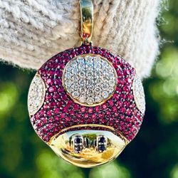 10K Gold Real Sapphire Diamond Mushroom Pendant 0.75 CT