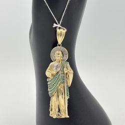 14kt TT CZ Green Stone San Judas Pendant