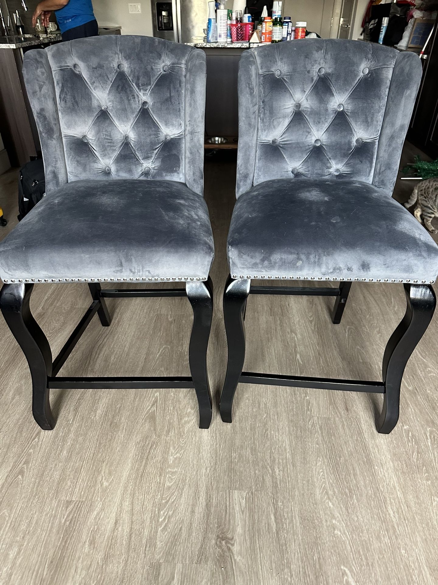 Set of 2 Grey Velvet Tufted Bar Stools with Silver Nailhead Trim (MOVING OUT SALE)
