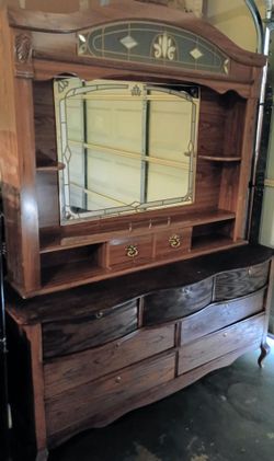 Vintage Wood Dresser with Mirror Hutch