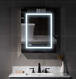 MCLEM2430, 24"W X 30"H Surface Mount MedicineCabinet with 3-Color LED light, Mirror Defogger, Clock,Temperature, Blum Hinges, Makeup Mirror 3X, Outlet