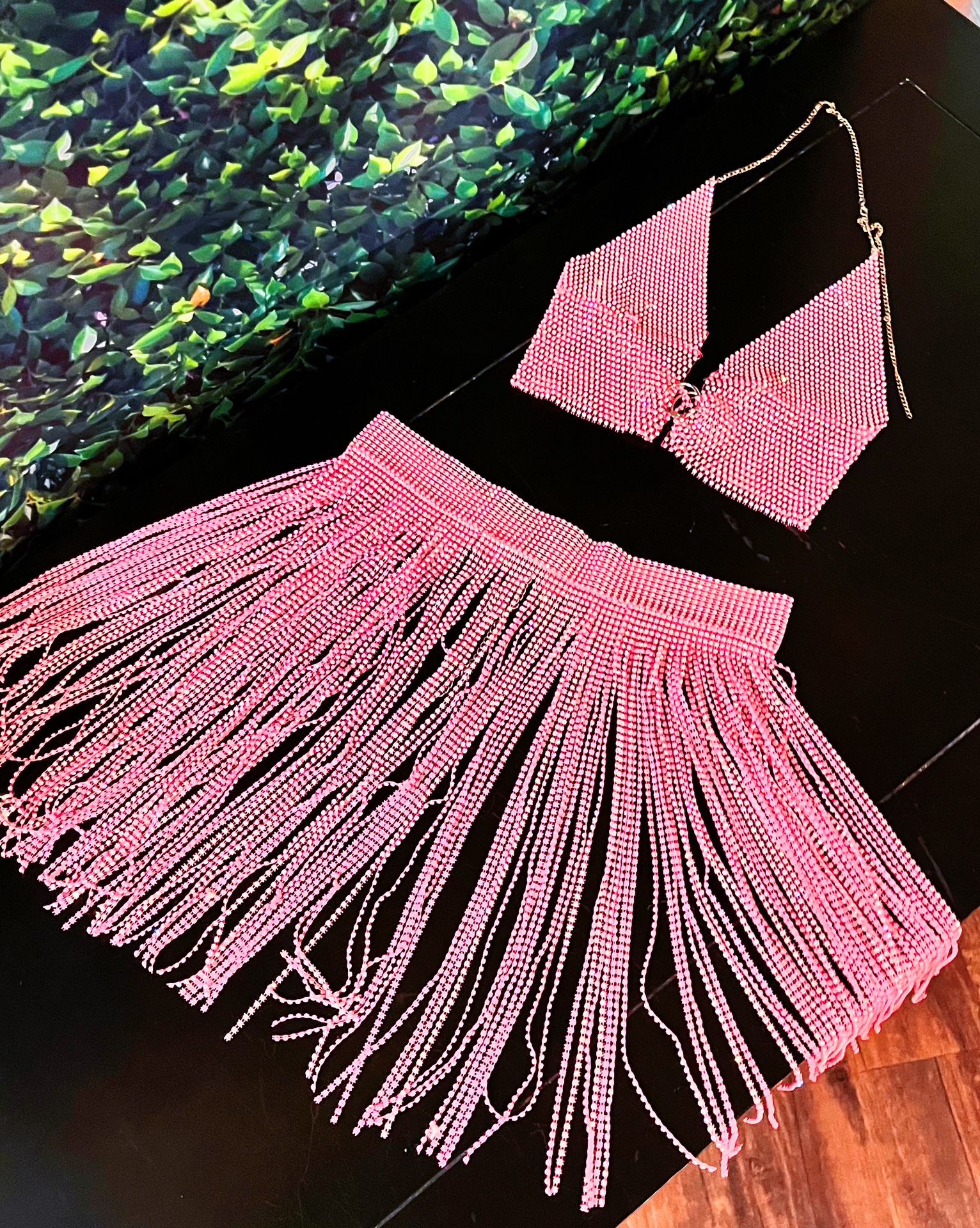 EDC Pink Sparkly Rave Outfit - Sequin Fringe Skirt and Top