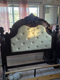 Ornate Dark Wood Tufted Upholstered Bed Frame