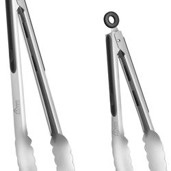 Hotec Stainless Steel Kitchen Tongs Set of 2 - 9" and 12", Locking Metal Food Tongs Non-Slip Grip