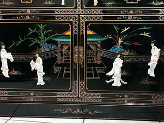 Vintage Oriental Black Lacquer Buffet Inlaid with Mother of Pearl With Glass Top-48”Lx17”Wx32”H