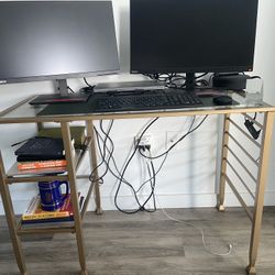 Gold Metal Frame / Glass Shelves Desk