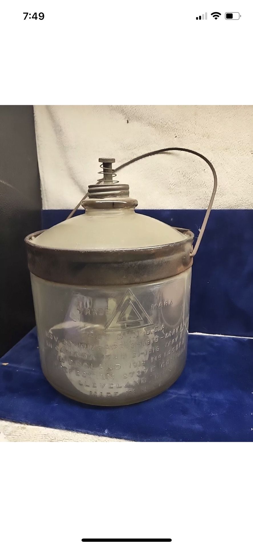 1916 Glass Perfection Stove Oil Jar Triangle Mark Cleveland Bottle Kerosene Jug
