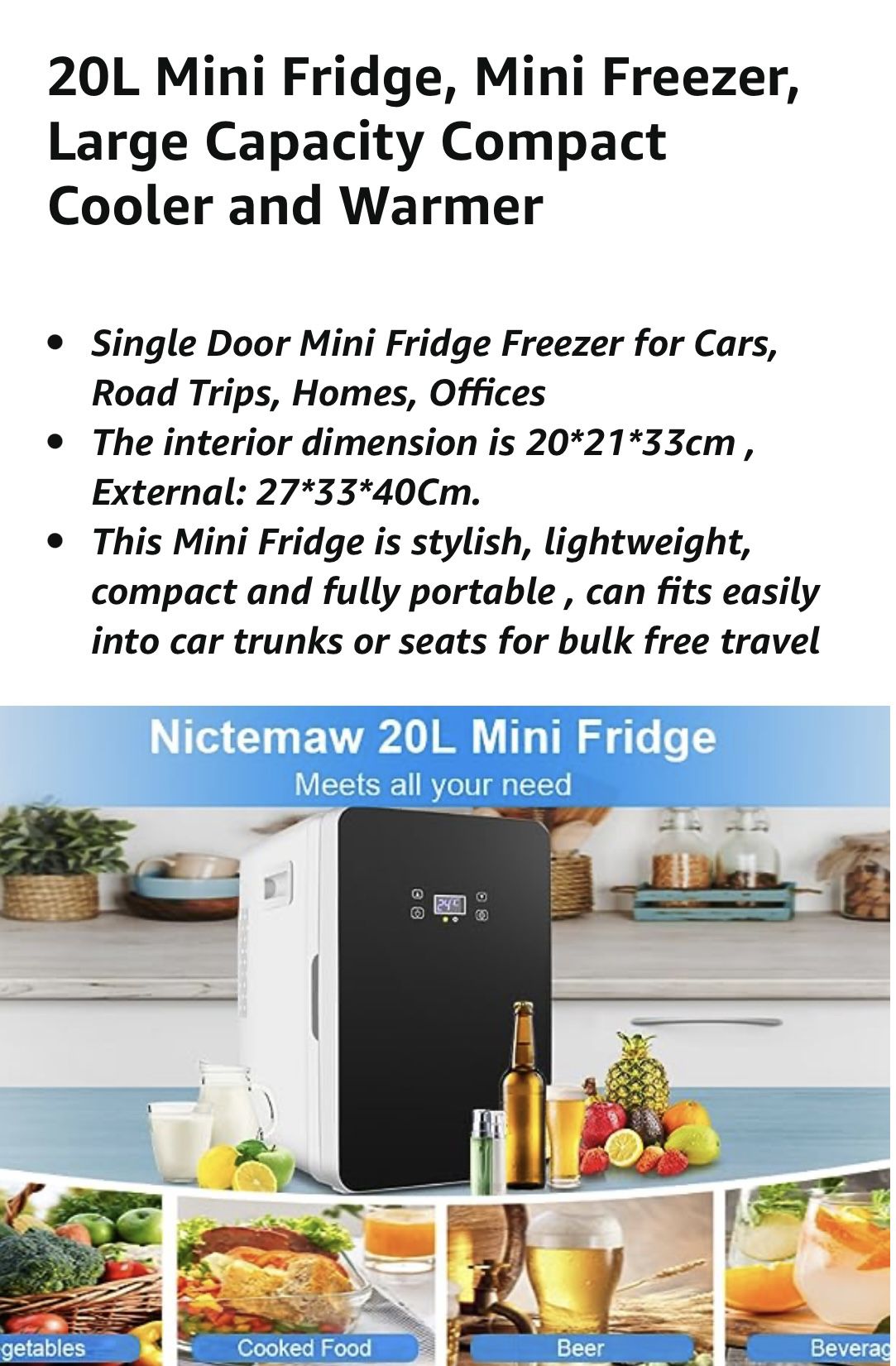 Nictemaw Mini Fridge, 20L Mini Refrigerator Large Capacity Compact Cooler and Warmer with Temperature Control Single Door 