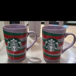 2020 Starbucks Purple Red & Green Stripe Coffee Cups ( 2) Christmas Mugs 11oz