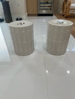Two Beige Garden Stools Circular/Cylindrical End Tables