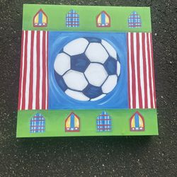 Soccer theme canvas wall hanging. 18x18”