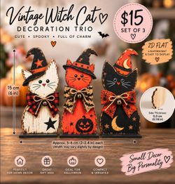 Vintage Witch Cat Halloween Decoration Trio