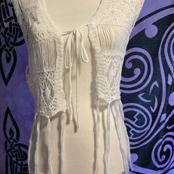 White Knit Fringe Vest  L