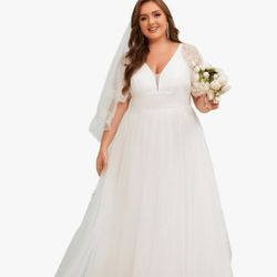 Plus Size Lace V Neck A Line Short Sleeve Wedding Dress