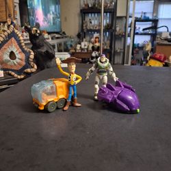 Disney Pixar Toy Story Lightyear Figures Lot Of 4 Incl: Buzz Lightyear, Woody, Darby Emergency Vehicle & Zurg's Fighter Ship