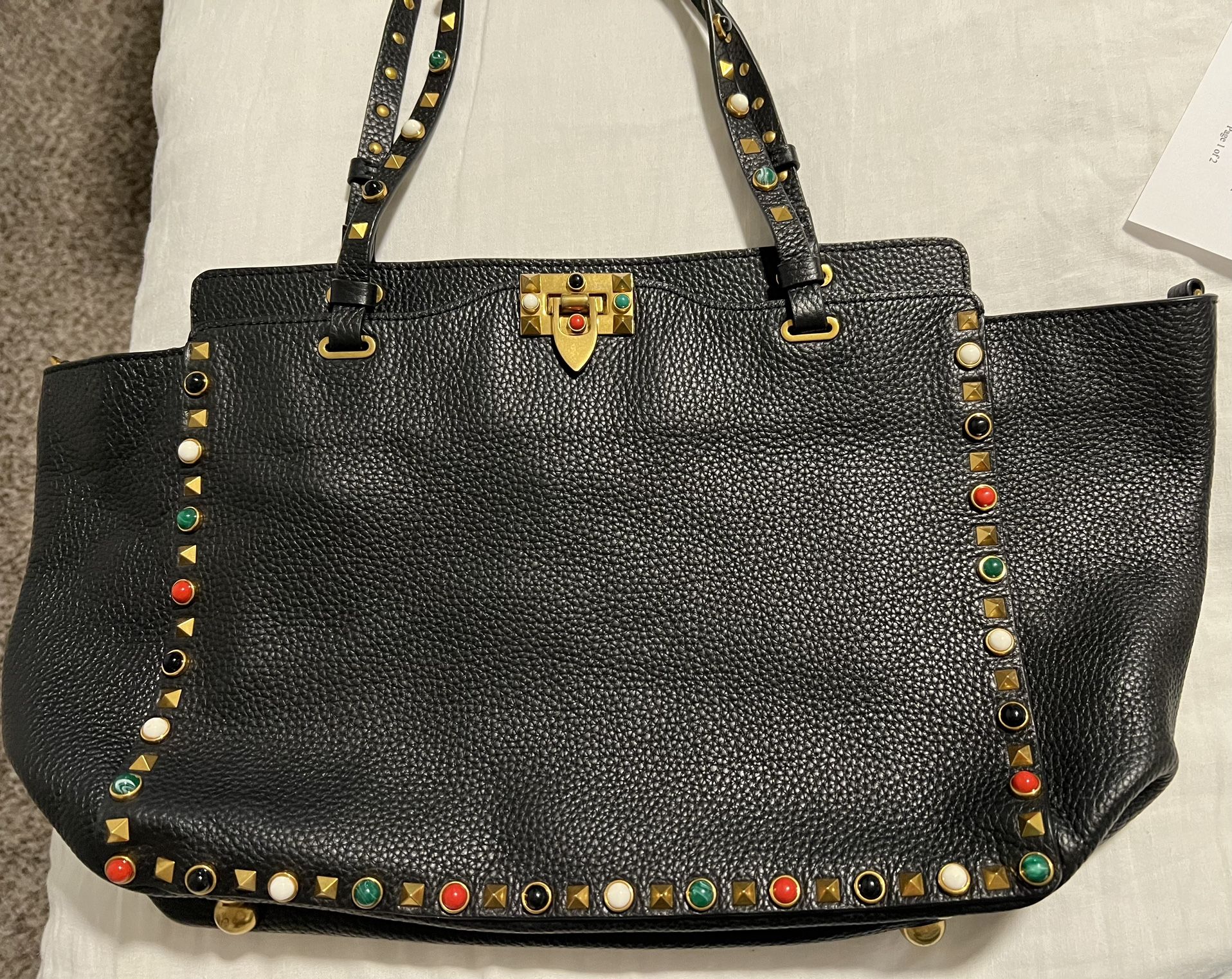 Valentino Garavani Rolling Rockstud Tote Calfskin Leather with Cabochons Large Authentic Guaranteed  