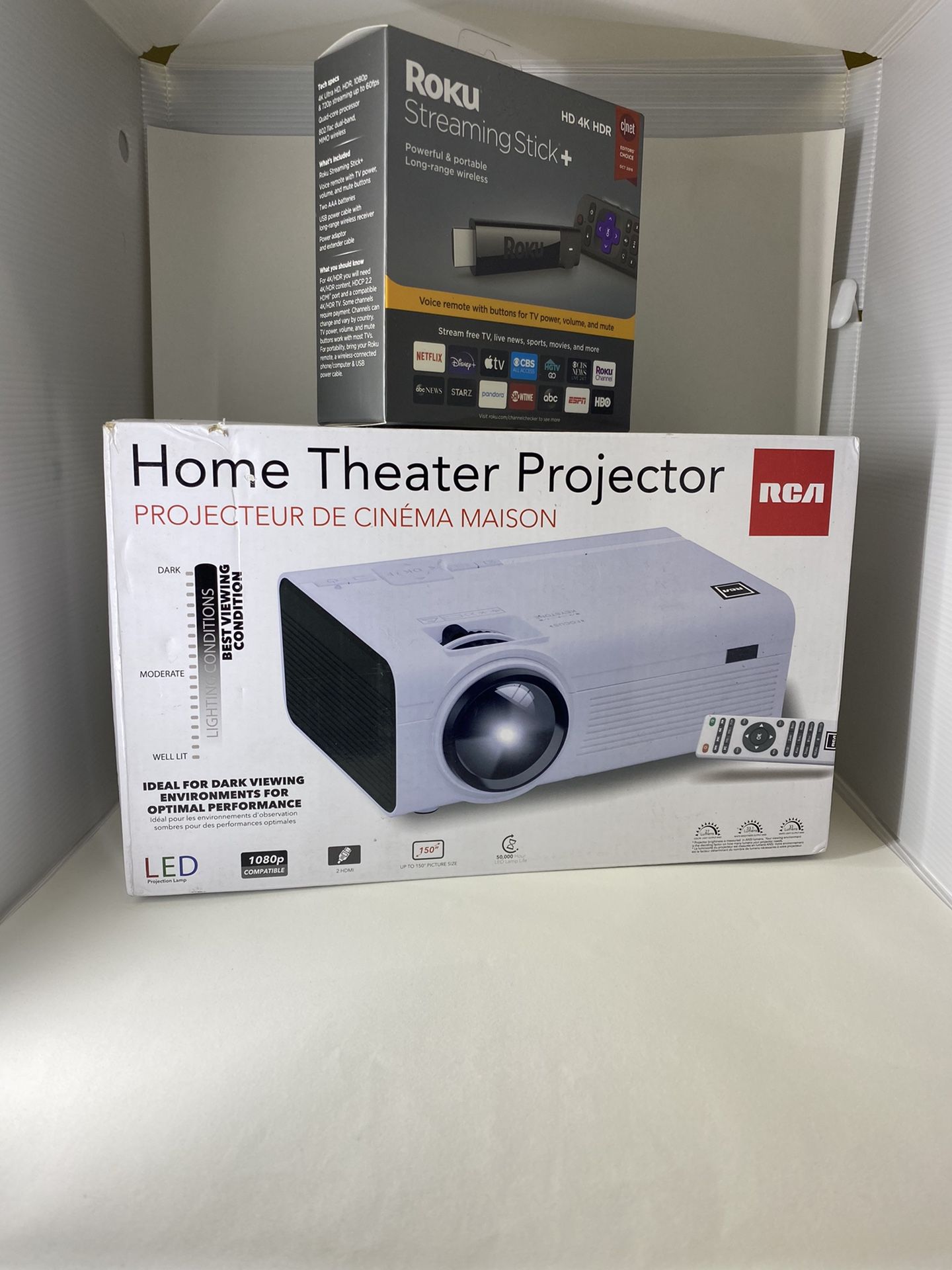 RCA Home theater projector and Roku streaming stick combo