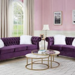 Brand New 2PC Purple Velvet Sofa and Loveseat
