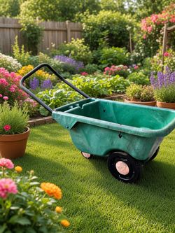 Radio Flyer green thick plastic utility/garden wagon (the classic deep-tub style with the long black U-handle and four wheels)