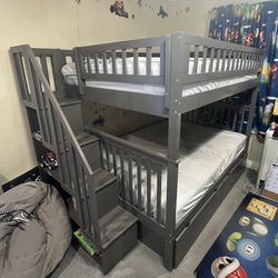 Full Over Full Solid Wood Bunk Bed With Shelves