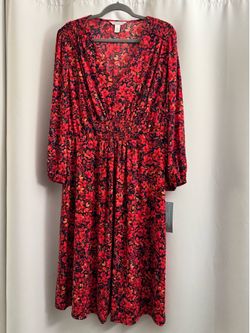 London Times Red Floral V-Neck Midi Dress (Size XL)